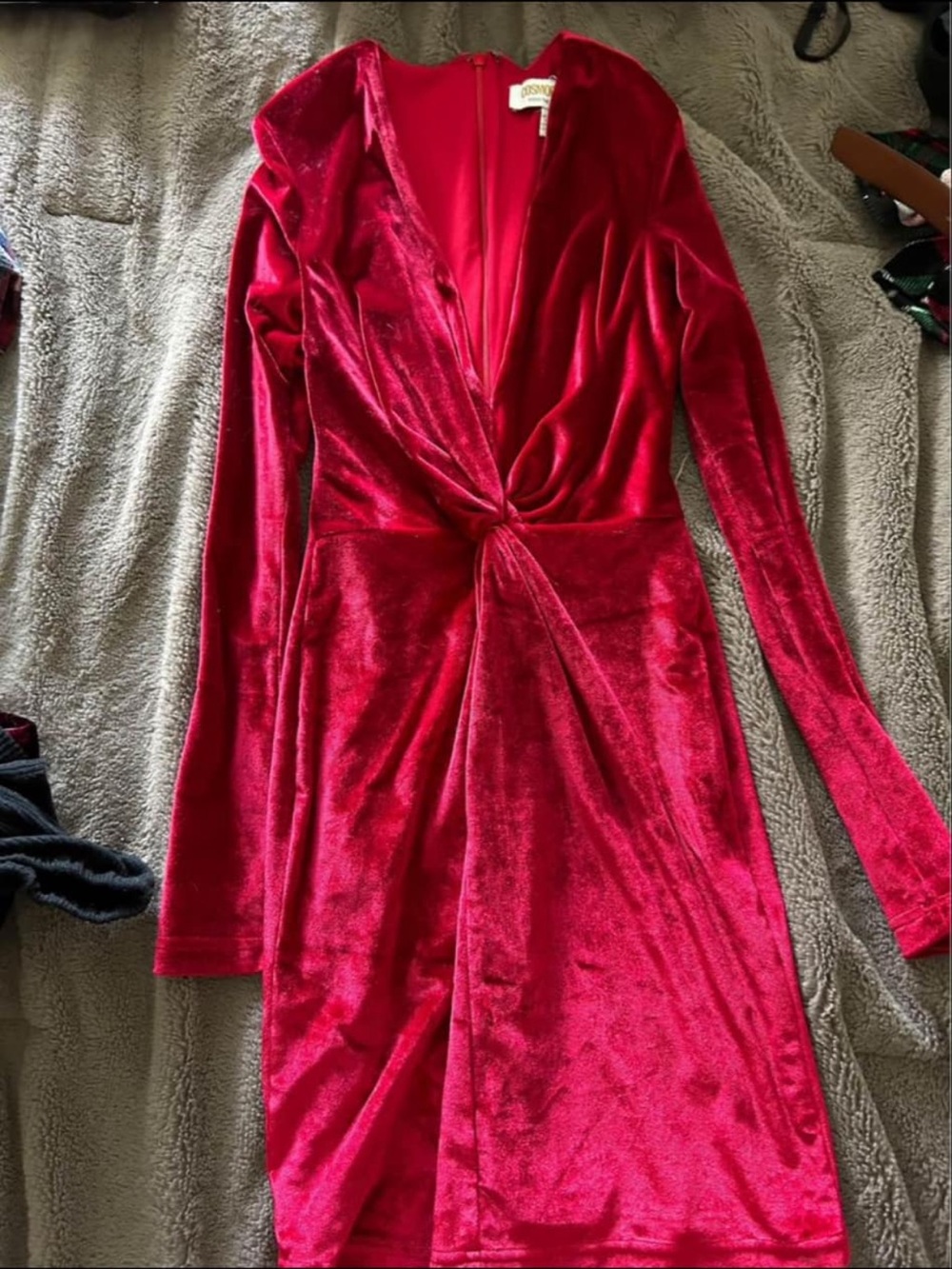 Cosmopolitan Red Velvet Long Sleeve Twist Front Dress